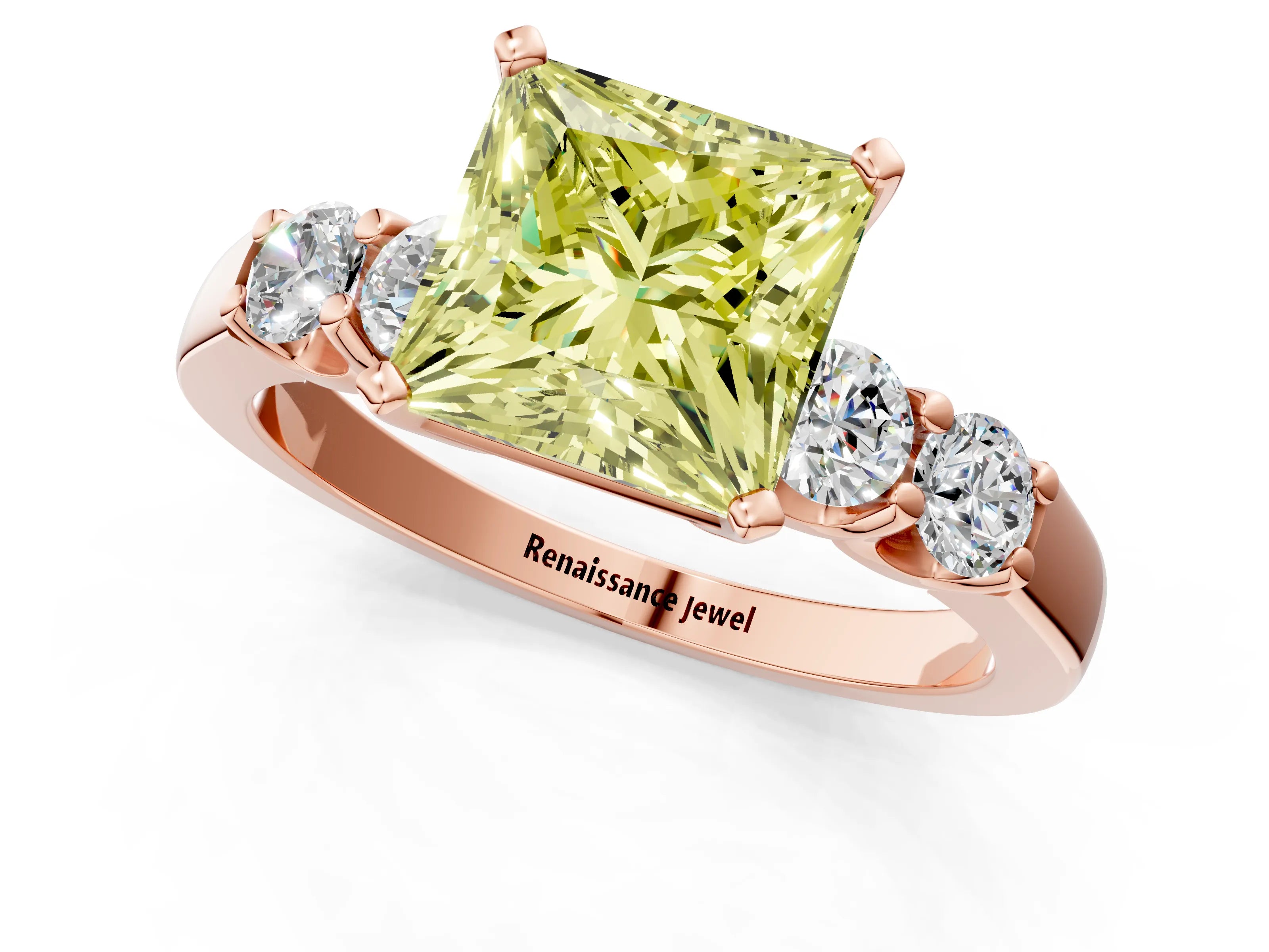 Rose gold Fancy Yellow Princess Cut Brilliant Diamond Five-Stone Engagement Ring with Prong Setting on a Classic Band_4