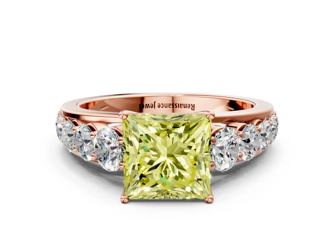 Rose gold Fancy Yellow Princess Cut Brilliant Diamond Pavé Band with Six-Prong Setting