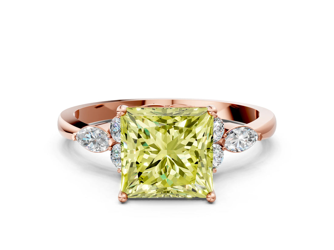 Rose gold Fancy Yellow Princess Cut Brilliant Diamond Solitaire Ring with Pear Side Stones and Four-Prong Setting_3