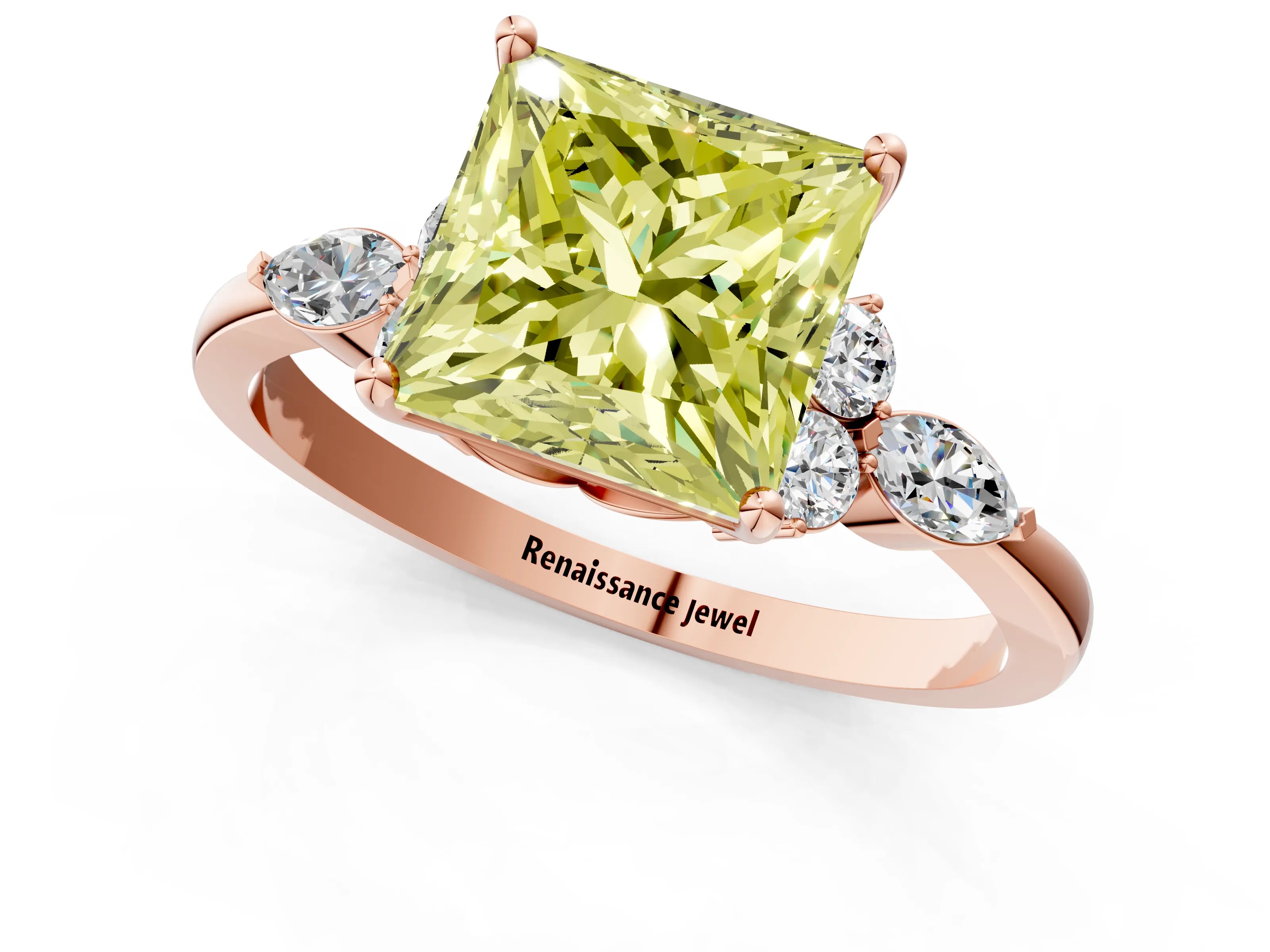 Rose gold Fancy Yellow Princess Cut Brilliant Diamond Solitaire Ring with Pear Side Stones and Four-Prong Setting_4