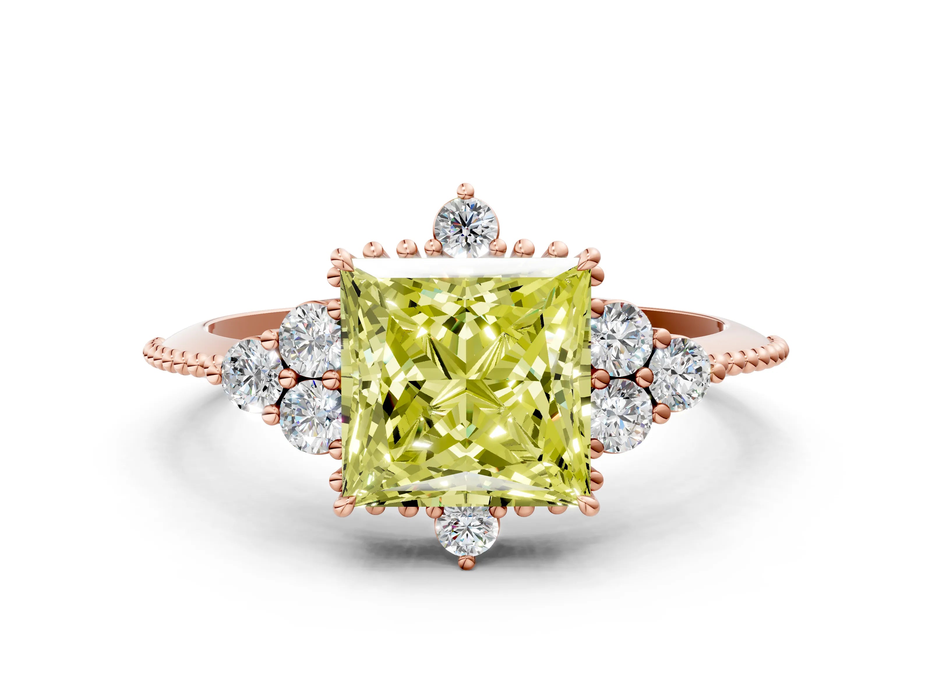 Rose gold Fancy Yellow Princess Cut Brilliant Diamond with Cluster Setting on a Beaded Band and Four-Prong Setting