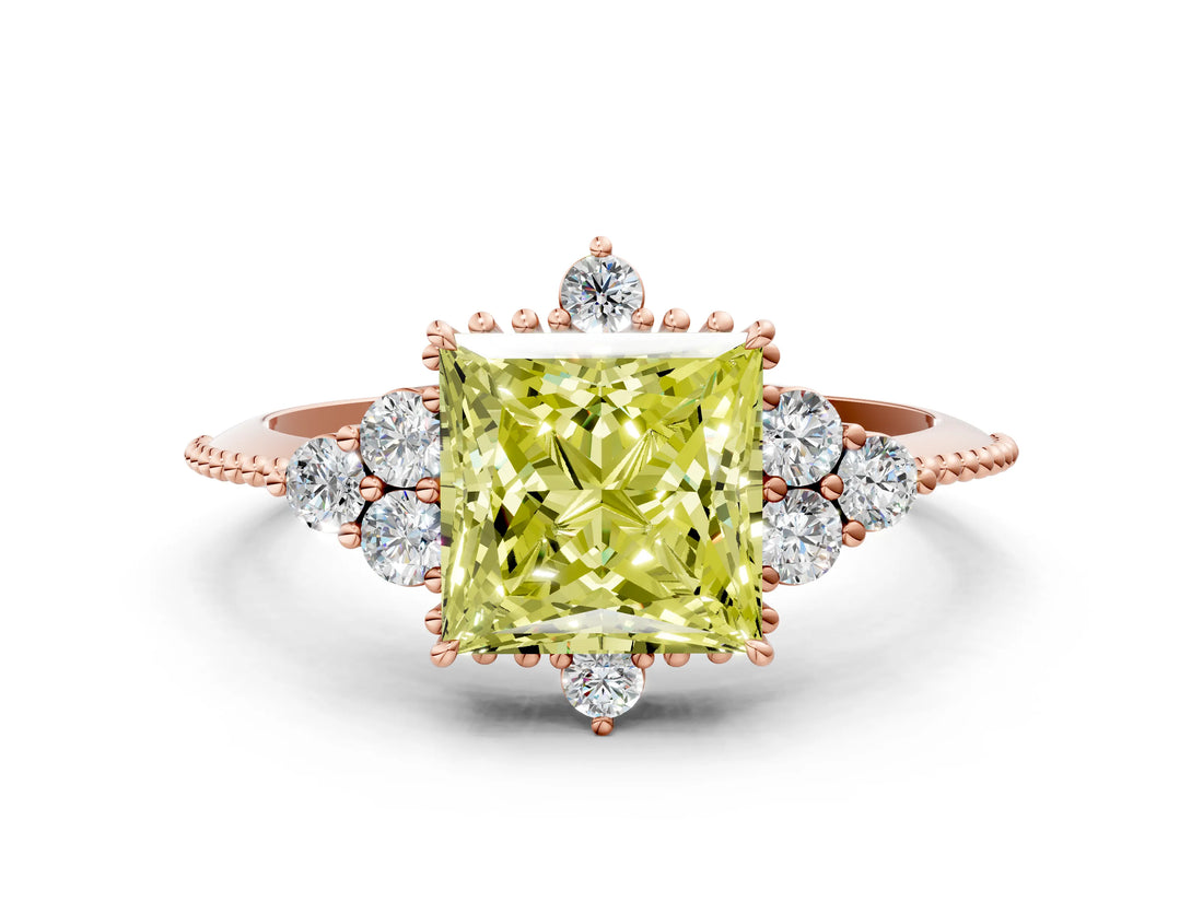 Rose gold Fancy Yellow Princess Cut Brilliant Diamond with Cluster Setting on a Beaded Band and Four-Prong Setting