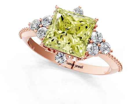 Rose gold Fancy Yellow Princess Cut Brilliant Diamond with Cluster Setting on a Beaded Band and Four-Prong Setting_1