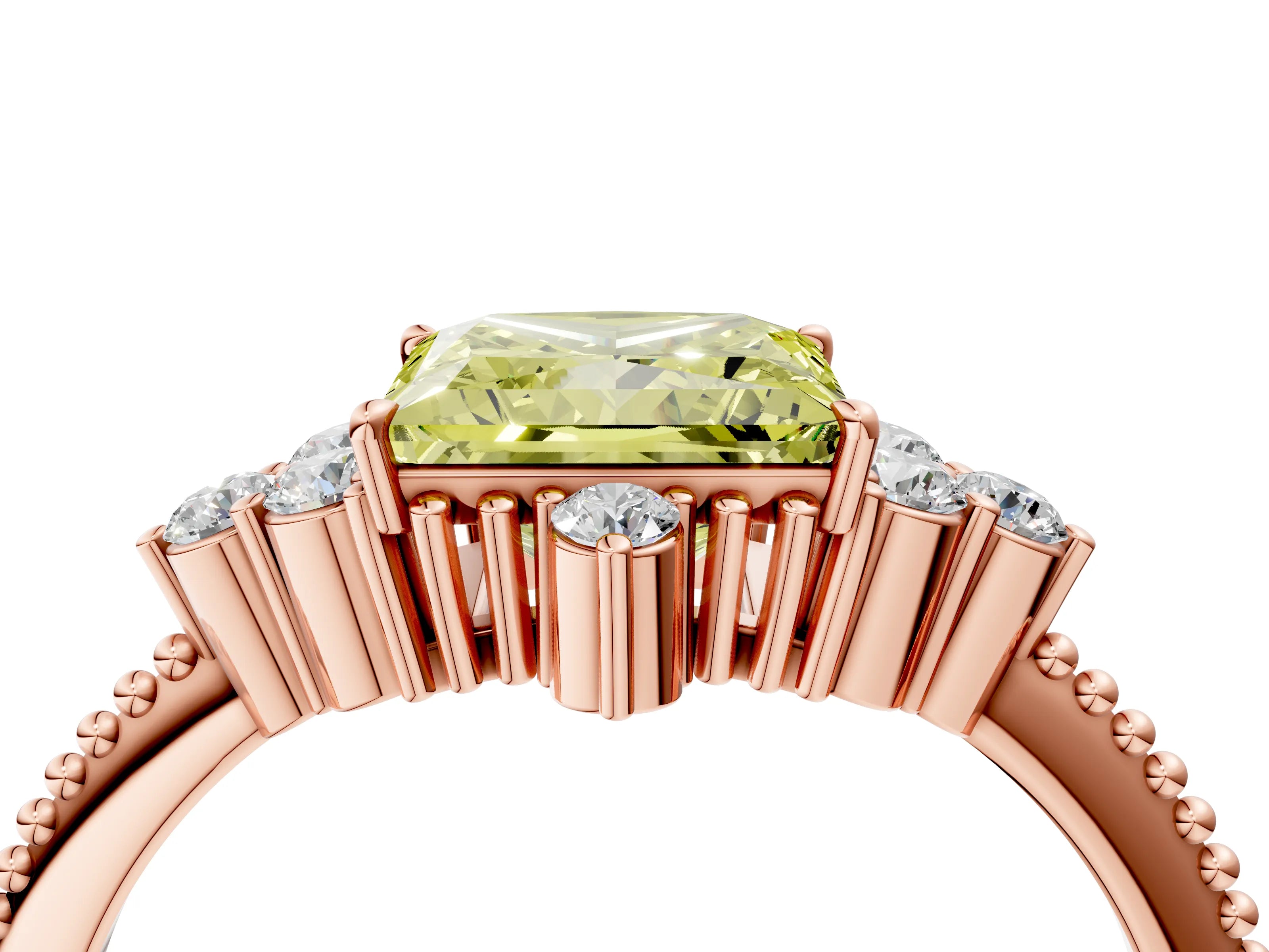 Rose gold Fancy Yellow Princess Cut Brilliant Diamond with Cluster Setting on a Beaded Band and Four-Prong Setting_4