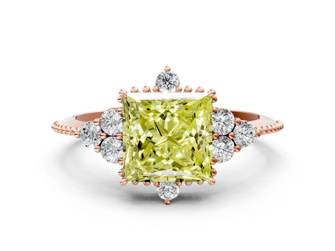 Rose gold Fancy Yellow Princess Cut Brilliant Diamond with Cluster Setting on a Beaded Band and Four-Prong Setting