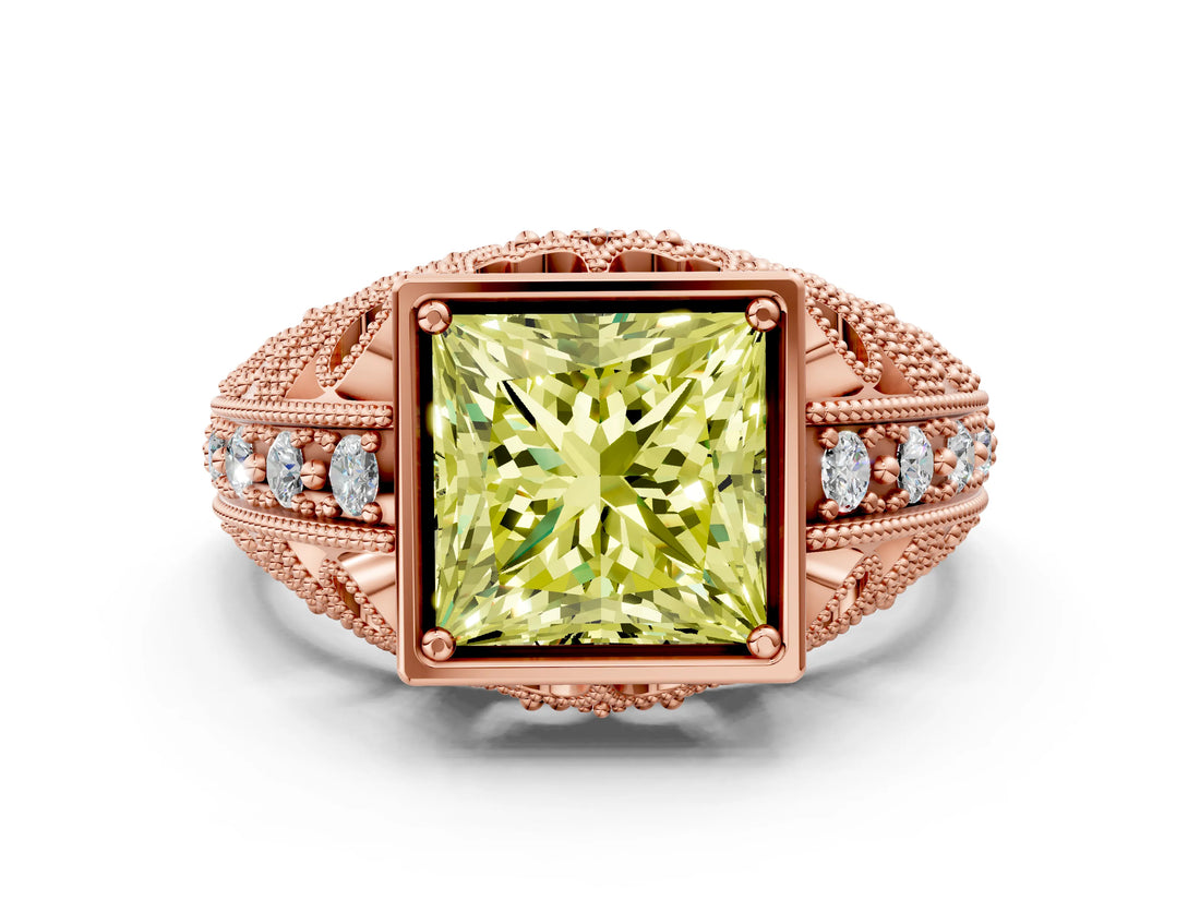 Rose gold Fancy Yellow Princess Cut Brilliant Milgrain Filigree Diamond Ring with Square Prong Setting