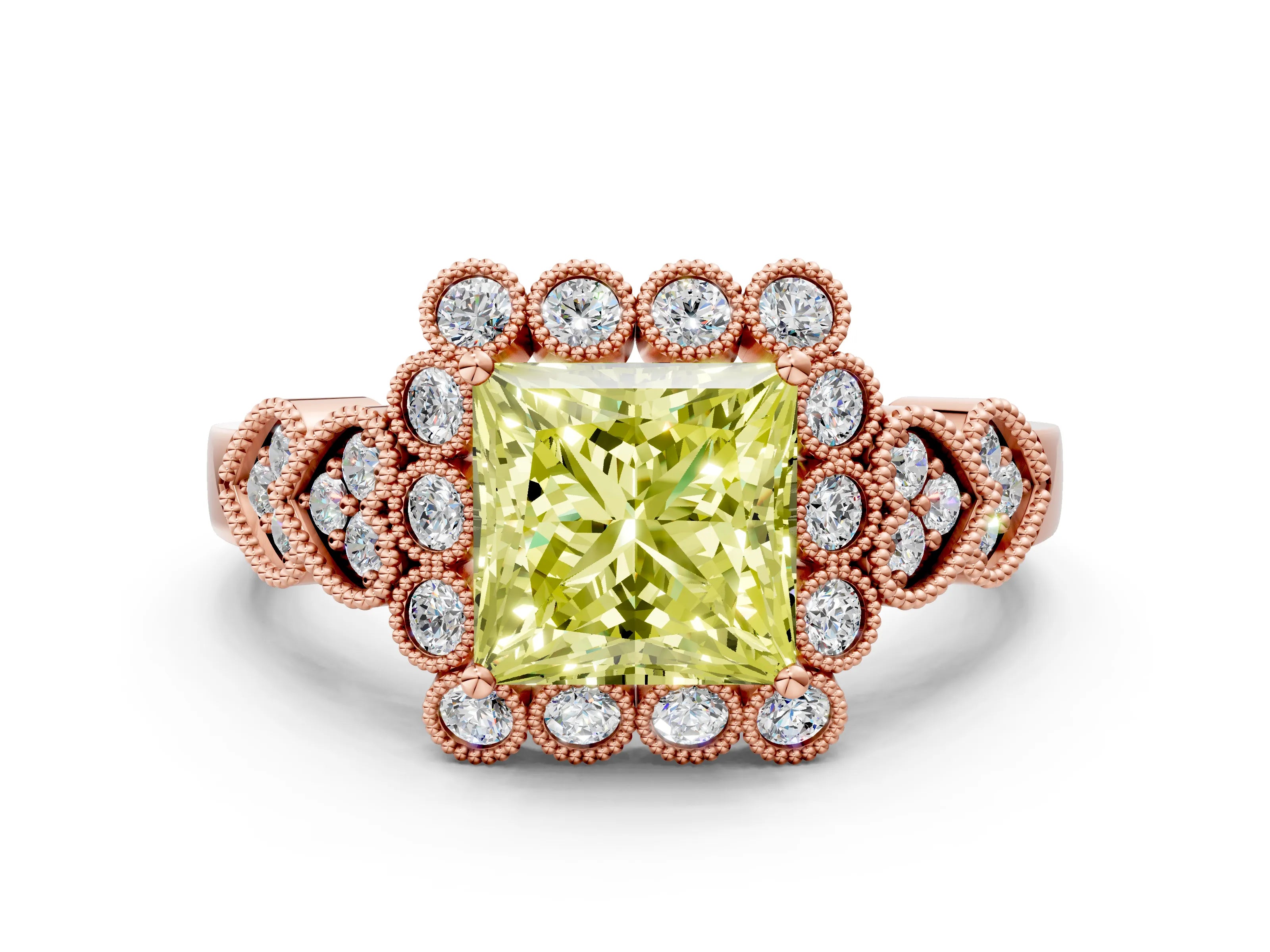 Rose gold Fancy Yellow Princess Cut Brilliant Milgrain Pave Heart Band Solitaire Ring