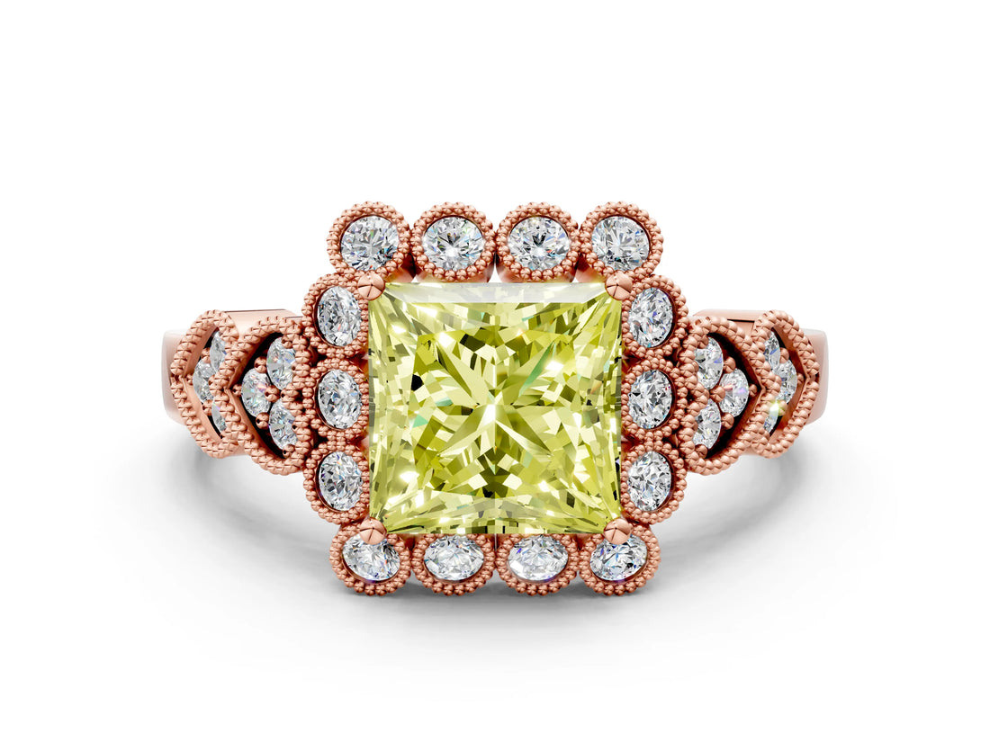 Rose gold Fancy Yellow Princess Cut Brilliant Milgrain Pave Heart Band Solitaire Ring
