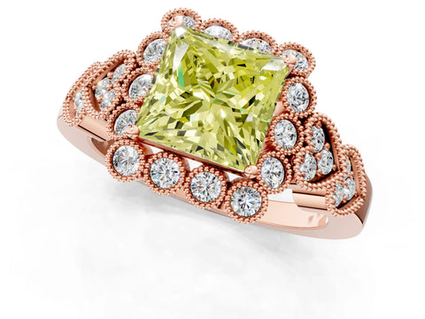 Rose gold Fancy Yellow Princess Cut Brilliant Milgrain Pave Heart Band Solitaire Ring_1