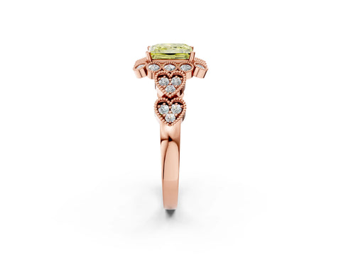 Rose gold Fancy Yellow Princess Cut Brilliant Milgrain Pave Heart Band Solitaire Ring_2