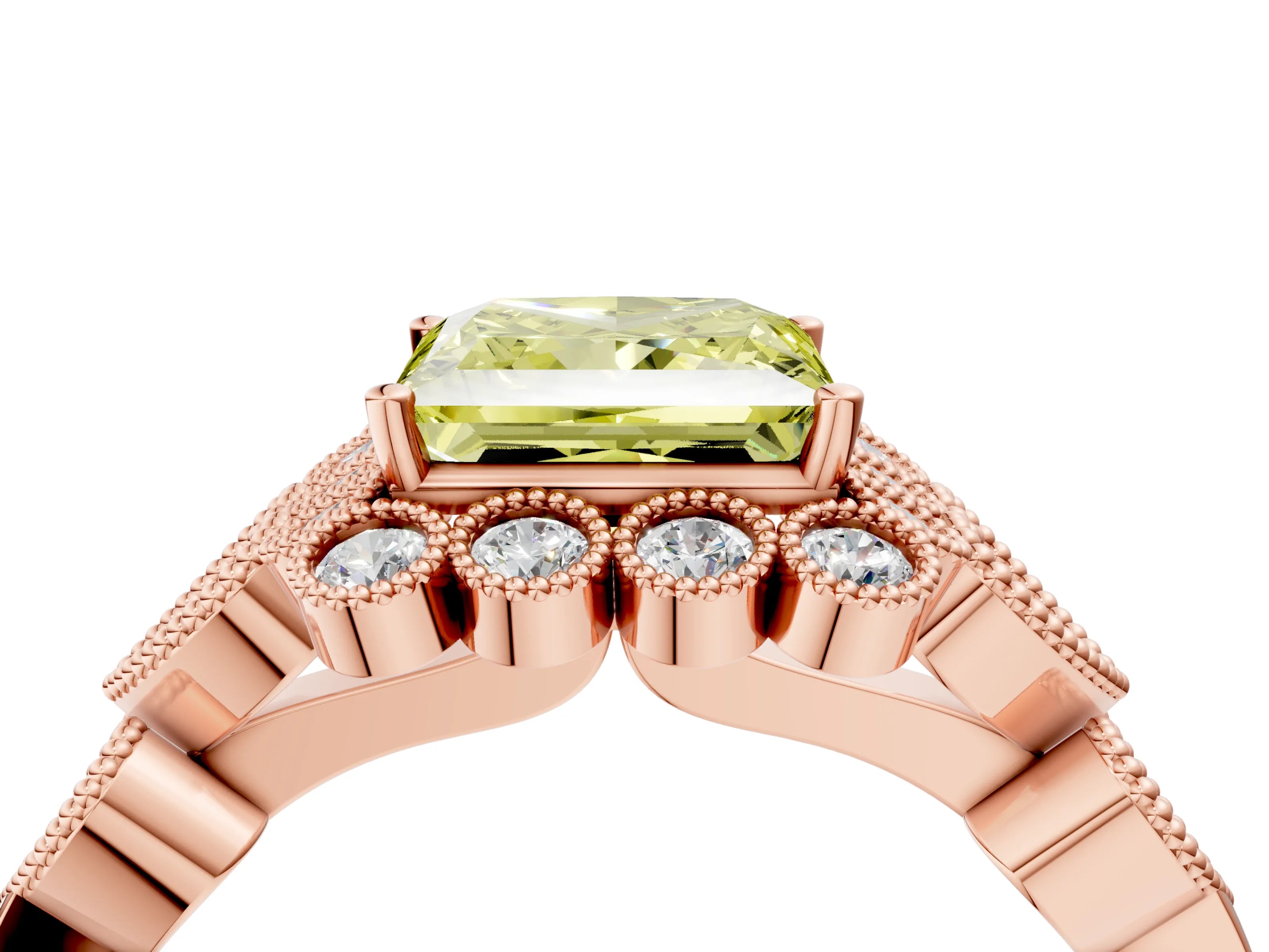 Rose gold Fancy Yellow Princess Cut Brilliant Milgrain Pave Heart Band Solitaire Ring_4