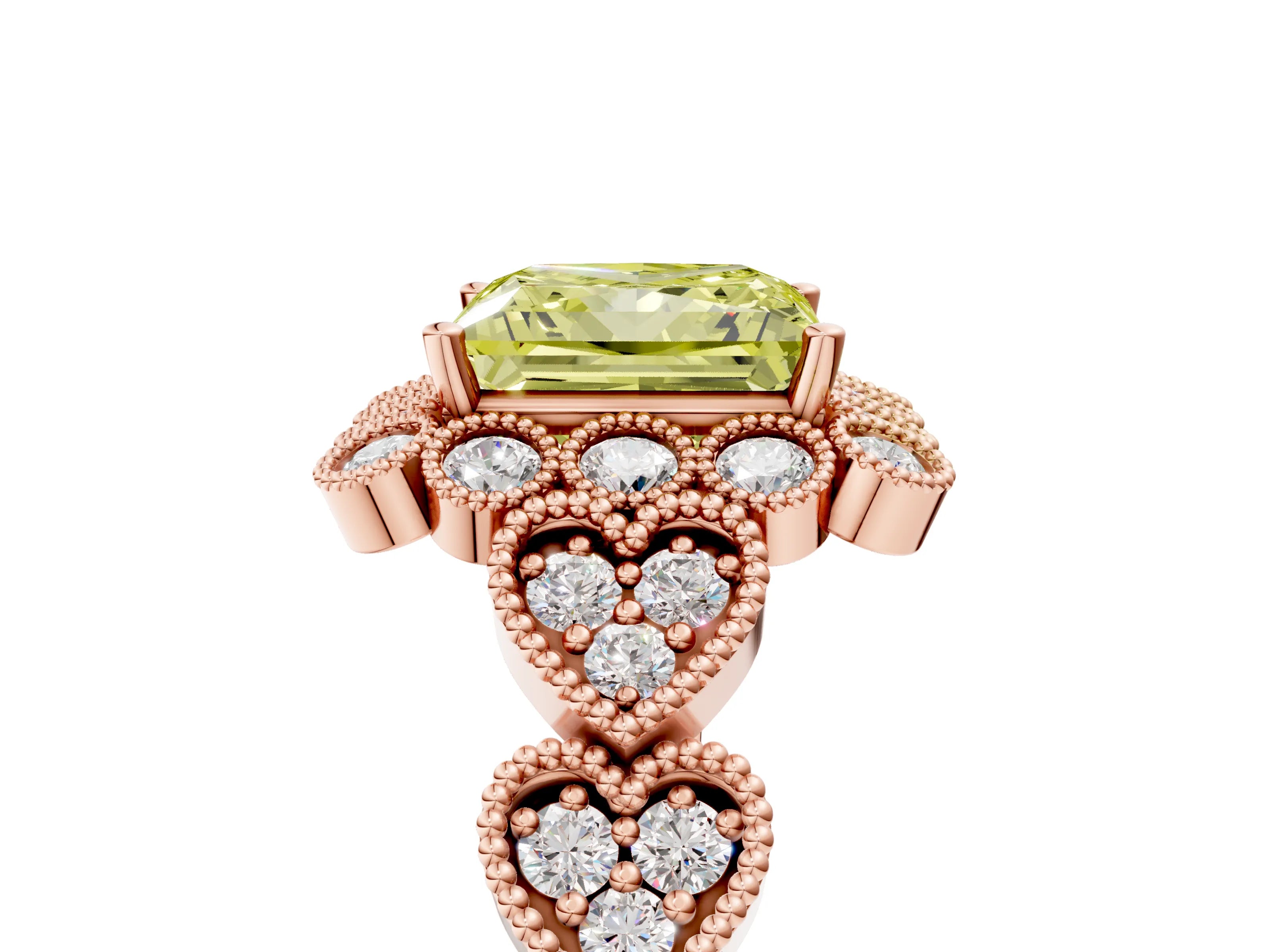 Rose gold Fancy Yellow Princess Cut Brilliant Milgrain Pave Heart Band Solitaire Ring_5