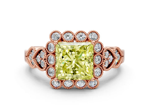 Rose gold Fancy Yellow Princess Cut Brilliant Milgrain Pave Heart Band Solitaire Ring