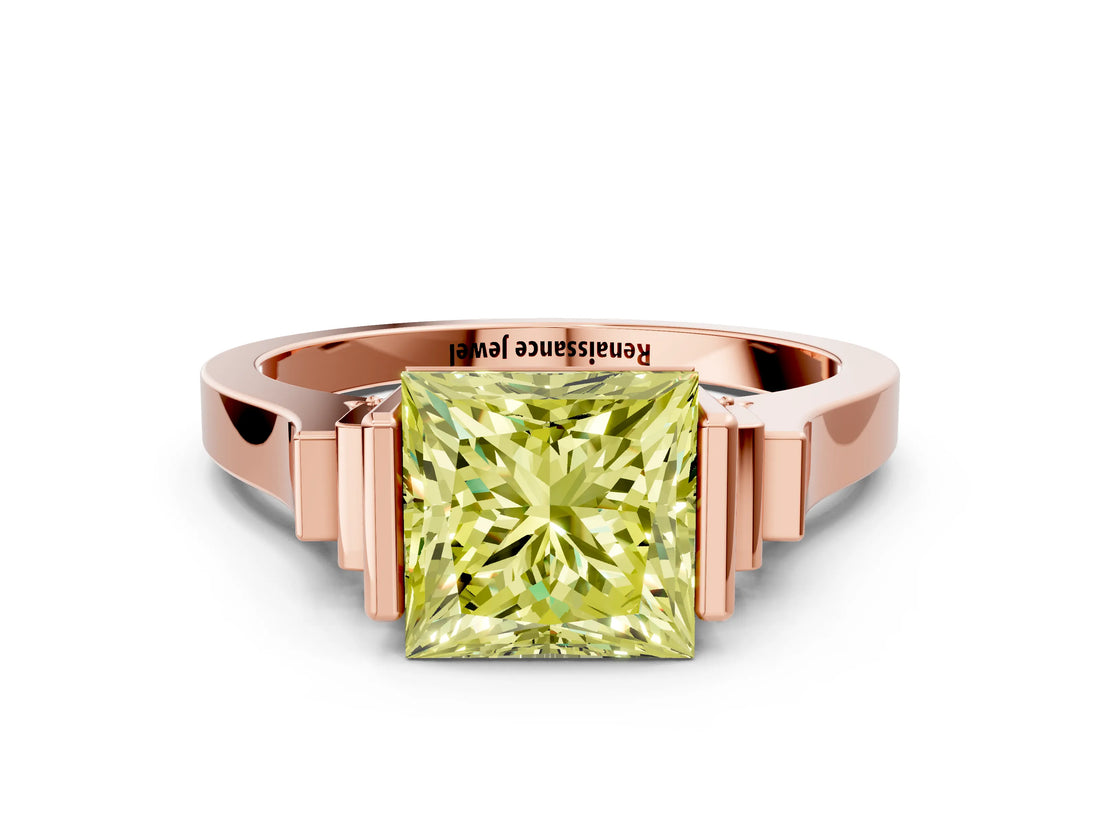 Rose gold Fancy Yellow Princess Cut Brilliant Solitaire Diamond Ring with Channel Set Band and Bar Prong Setting