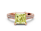Rose gold Fancy Yellow Princess Cut Brilliant Split Shank Pave Solitaire Ring with Four-Prong Setting