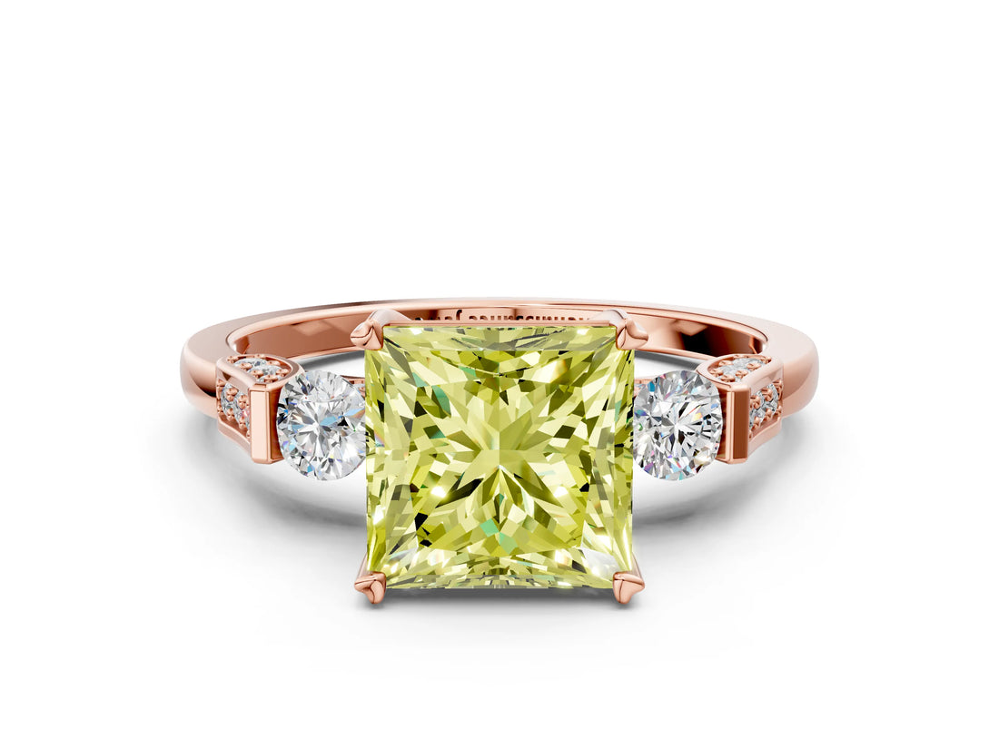 Rose gold Fancy Yellow Princess Cut Brilliant Three-Stone Pave Band with Four-Prong Setting