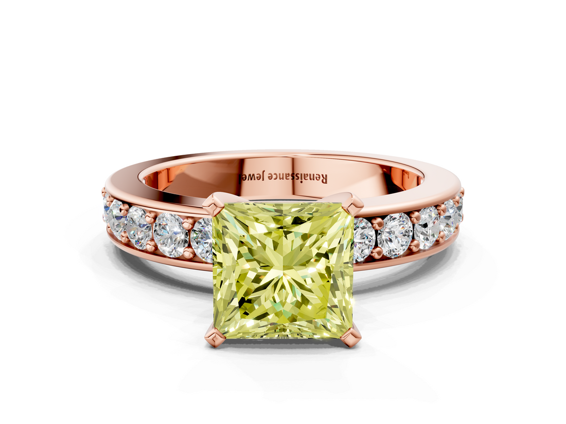 Rose gold Fancy Yellow Princess  Cut Channel Set Diamond Engagement Ring with Four-Prong Setting