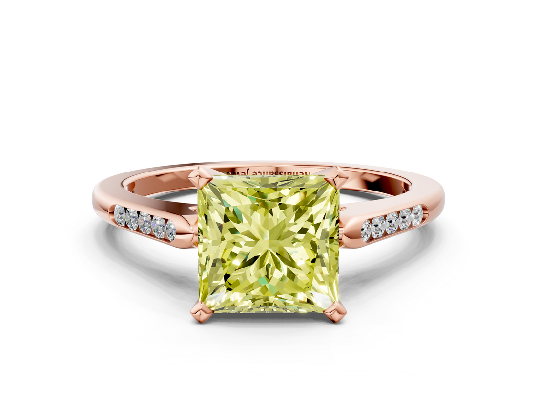 Rose gold Fancy Yellow Princess  Cut Channel Set Solitaire Engagement Ring with Four-Prong Setting