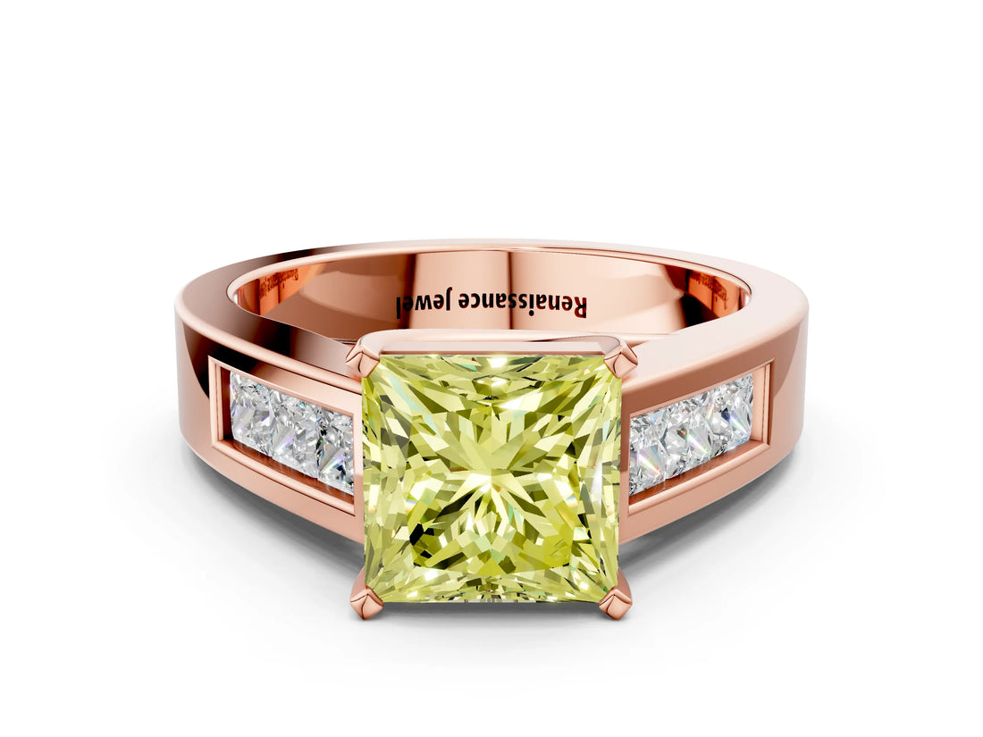 Rose gold Fancy Yellow Princess Cut Cut Channel Set Solitaire Ring with Four-Prong Setting