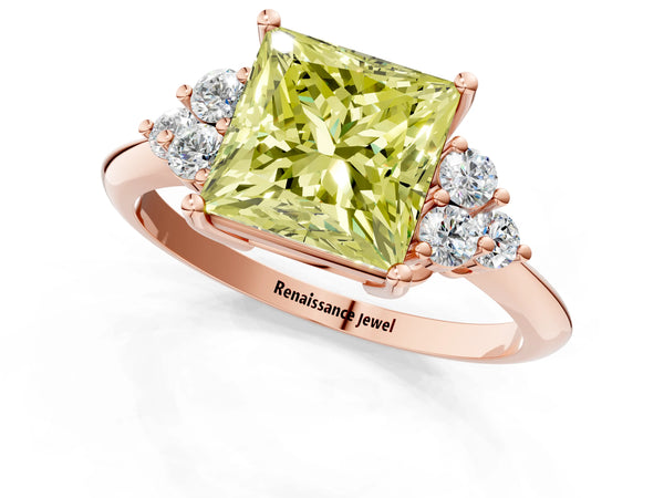 Rose Gold Princess Cut Cluster Accent Engagement Ring Setting for Fancy Yellow Center