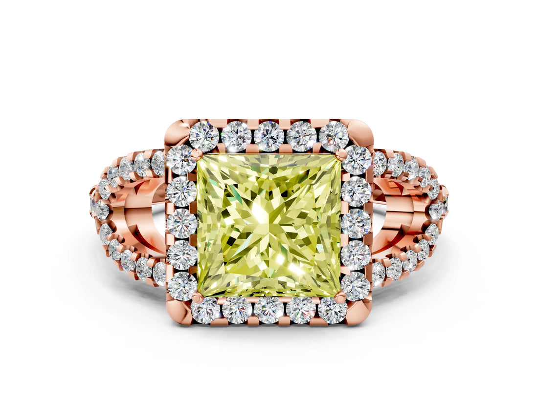 Rose gold Fancy Yellow Princess Cut Cut Diamond Halo Engagement Ring with Open Split Pavé Band