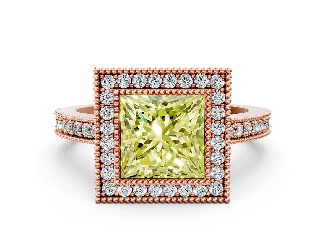 Rose gold Fancy Yellow Princess Cut-Cut Diamond Halo Engagement Ring with Pave Band and Prong Setting