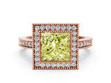 Rose gold Fancy Yellow Princess Cut-Cut Diamond Halo Engagement Ring with Pave Band and Prong Setting
