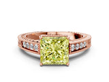 Rose gold Fancy Yellow Princess Cut Cut Diamond Milgrain Pave Band Four-Prong Setting Ring_3