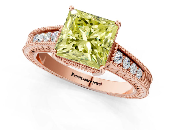 Rose gold Fancy Yellow Princess Cut Cut Diamond Milgrain Pave Band Four-Prong Setting Ring