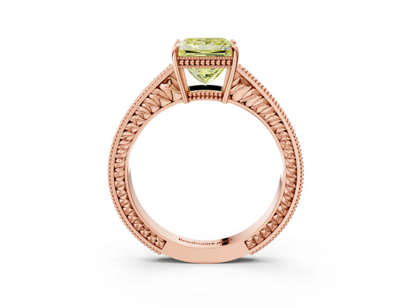 Rose gold Fancy Yellow Princess Cut Cut Diamond Milgrain Pave Band Four-Prong Setting Ring
