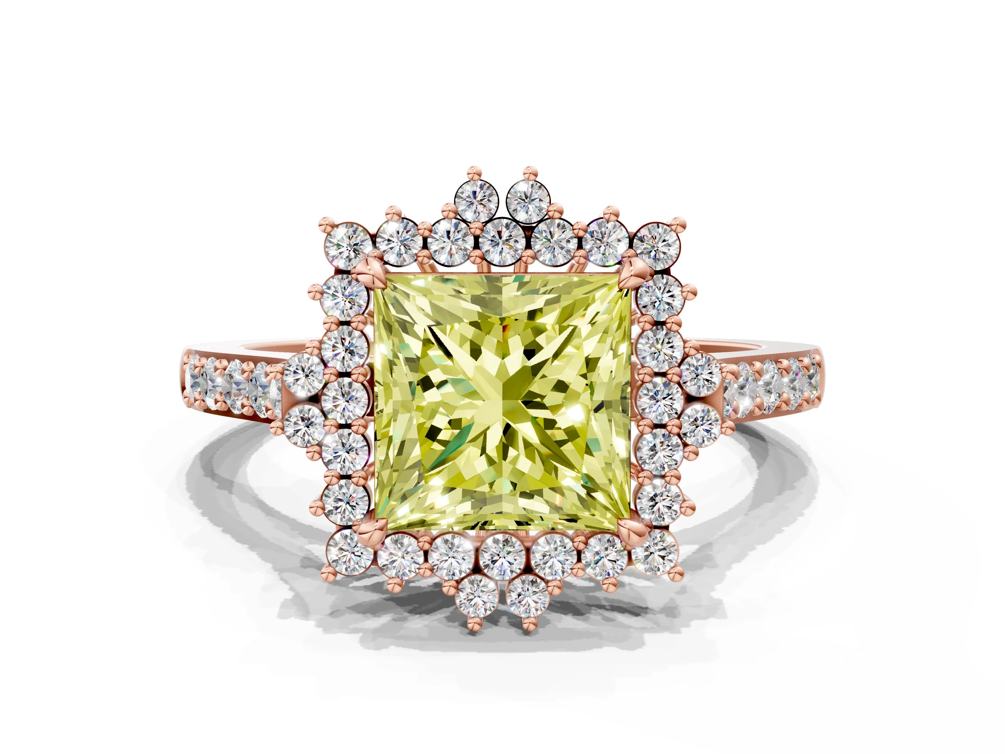 Rose gold Fancy Yellow Princess Cut Cut Diamond Sunburst Halo Engagement Ring with Pavé Band