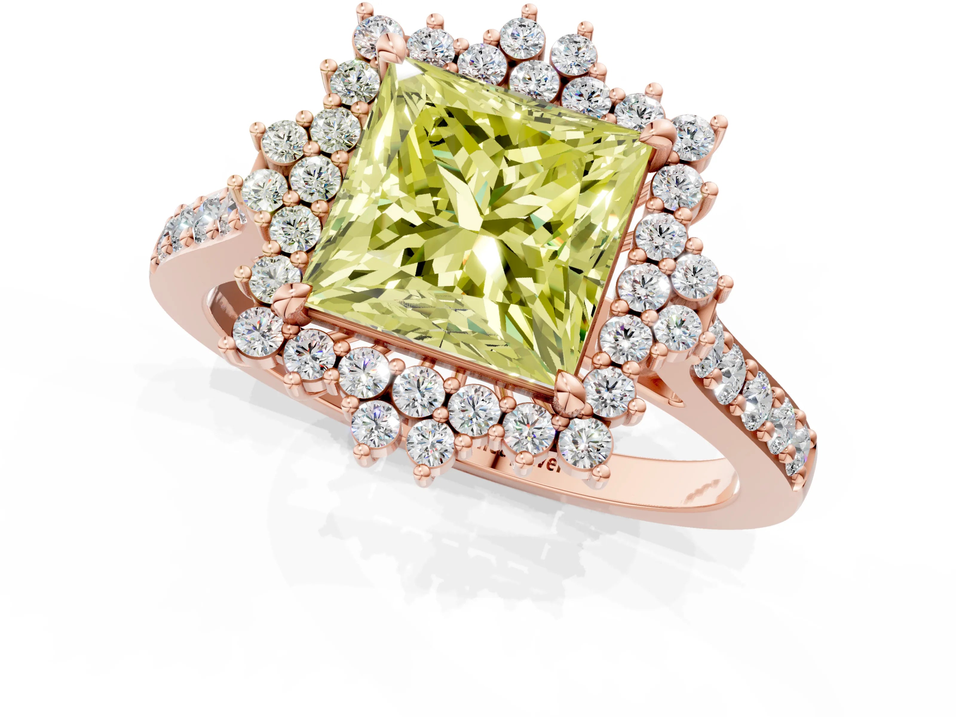 Rose gold Fancy Yellow Princess Cut Cut Diamond Sunburst Halo Engagement Ring with Pavé Band_1