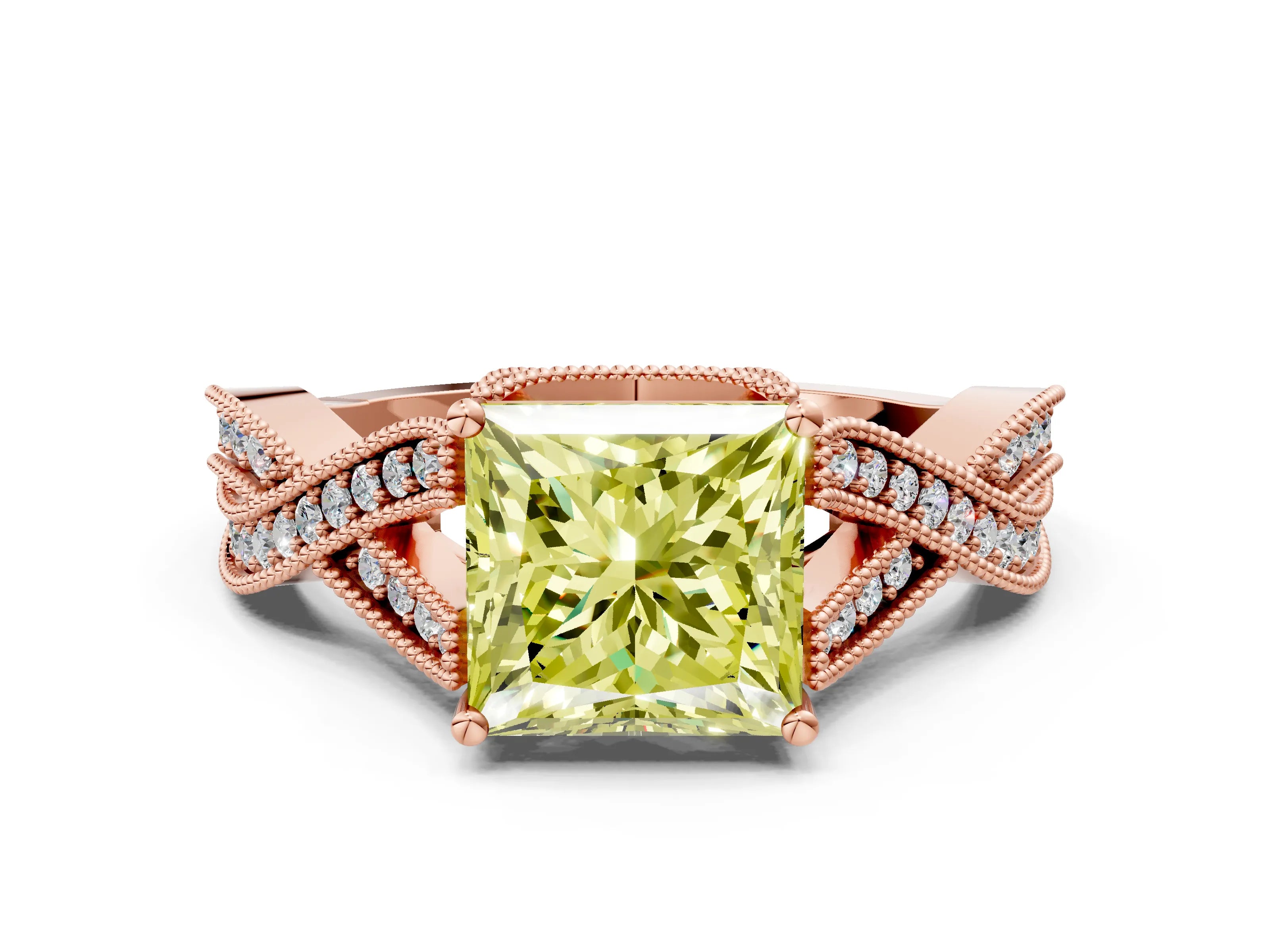Rose gold Fancy Yellow Princess Cut Cut Diamond Twisted Band with Milgrain Pave Setting and Four-Prong Setting