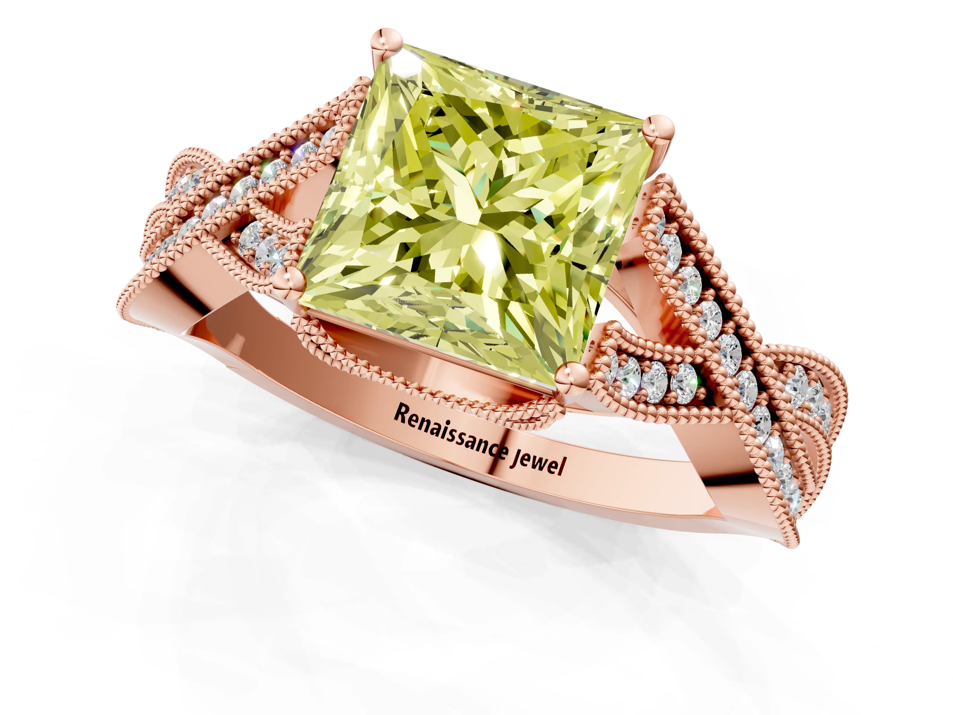 Rose gold Fancy Yellow Princess Cut Cut Diamond Twisted Band with Milgrain Pave Setting and Four-Prong Setting_1