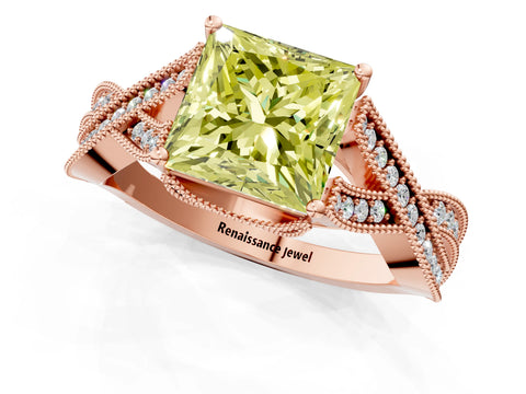 Rose gold Fancy Yellow Princess Cut Cut Diamond Twisted Band with Milgrain Pave Setting and Four-Prong Setting_1