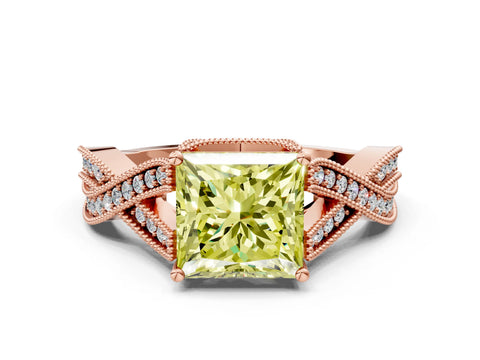 Rose gold Fancy Yellow Princess Cut Cut Diamond Twisted Band with Milgrain Pave Setting and Four-Prong Setting