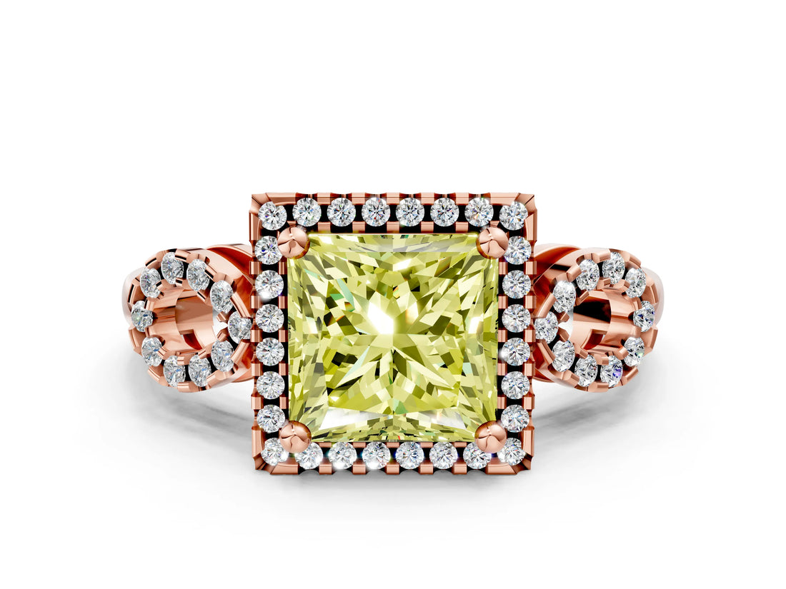 Rose gold Fancy Yellow Princess Cut Cut Halo Diamond Infinity Band with Four-Prong Setting
