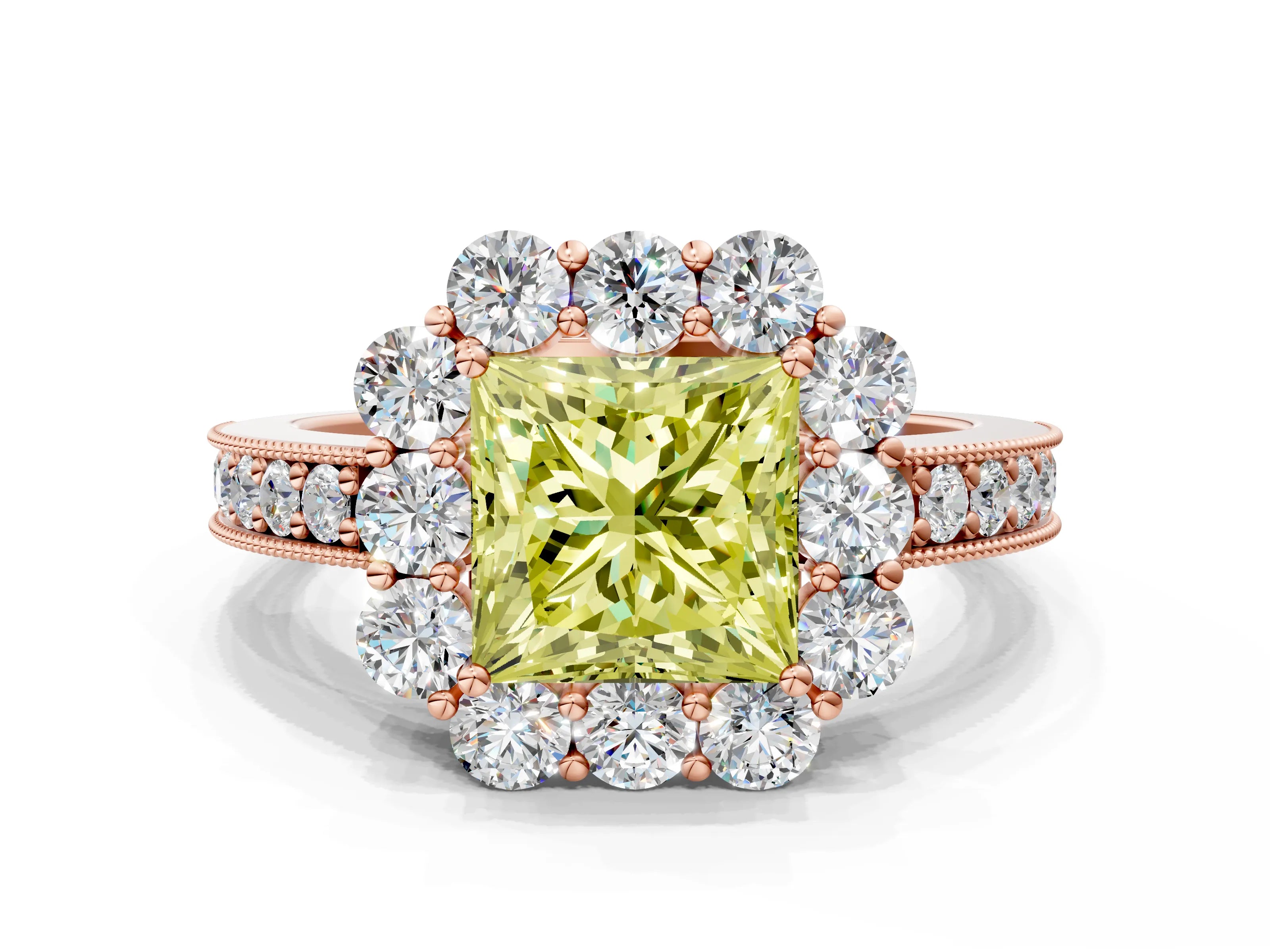 Rose gold Fancy Yellow Princess Cut Cut Halo Diamond Pavé Engagement Ring with Milgrain Detailing