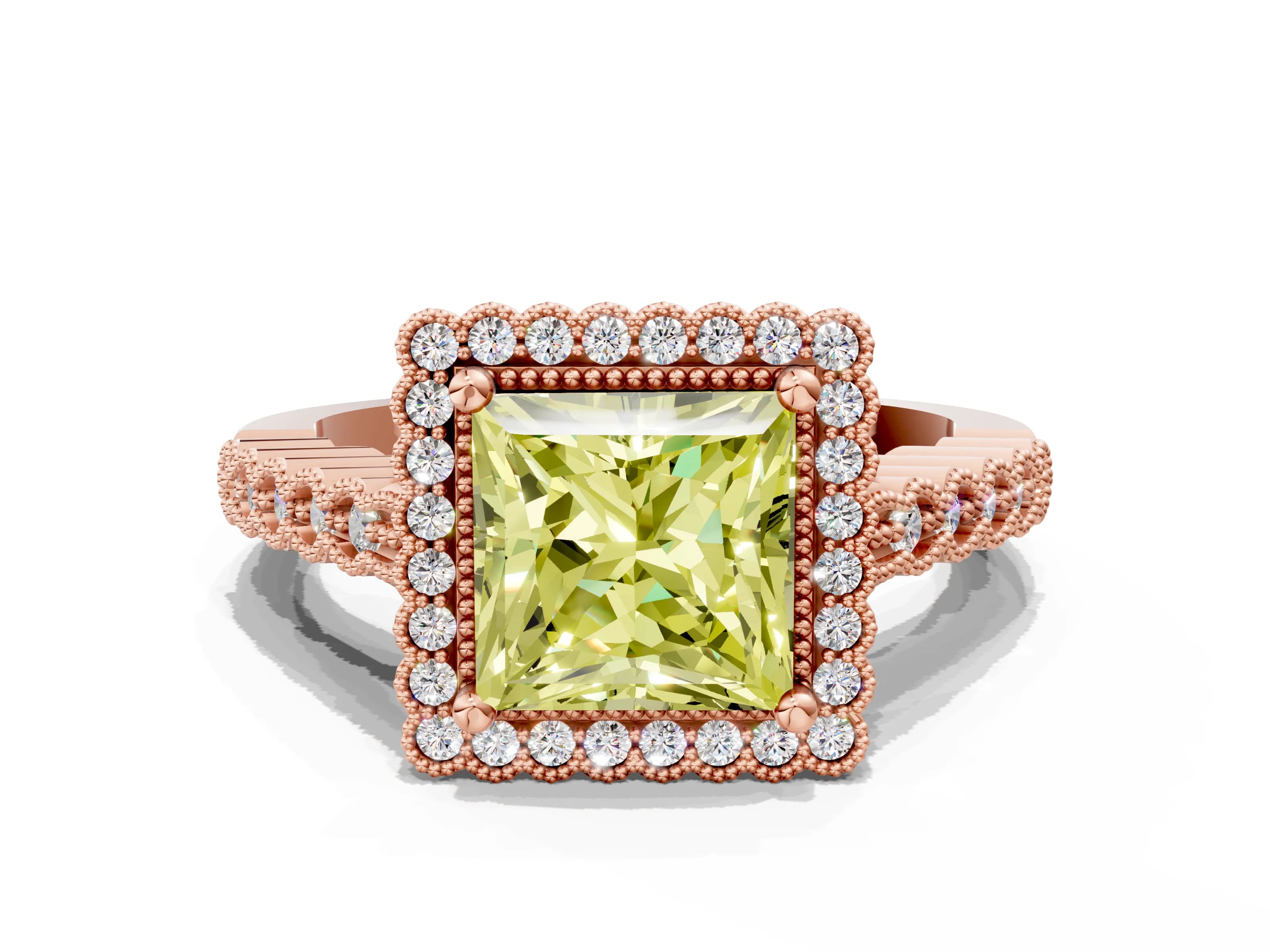Rose gold Fancy Yellow Princess Cut Cut Halo Pavé Solitaire Ring with Milgrain Band