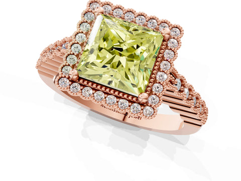 Rose gold Fancy Yellow Princess Cut Cut Halo Pavé Solitaire Ring with Milgrain Band_1