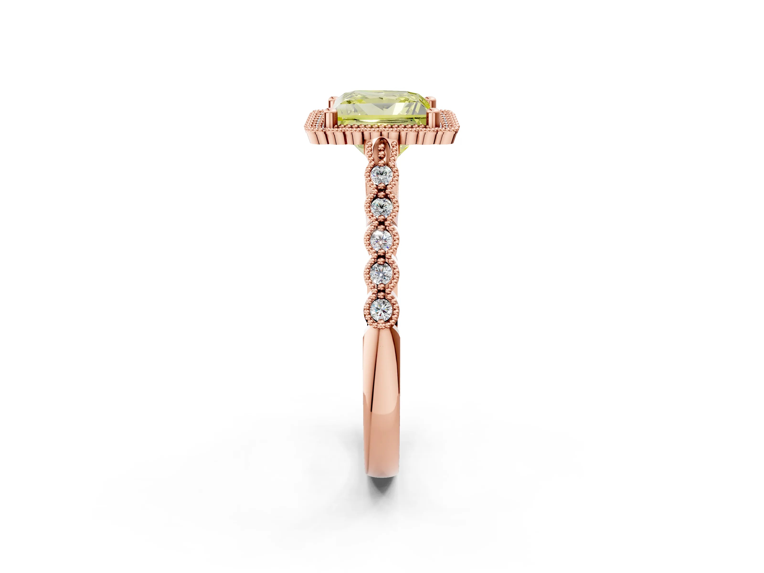 Rose gold Fancy Yellow Princess Cut Cut Halo Pavé Solitaire Ring with Milgrain Band_2
