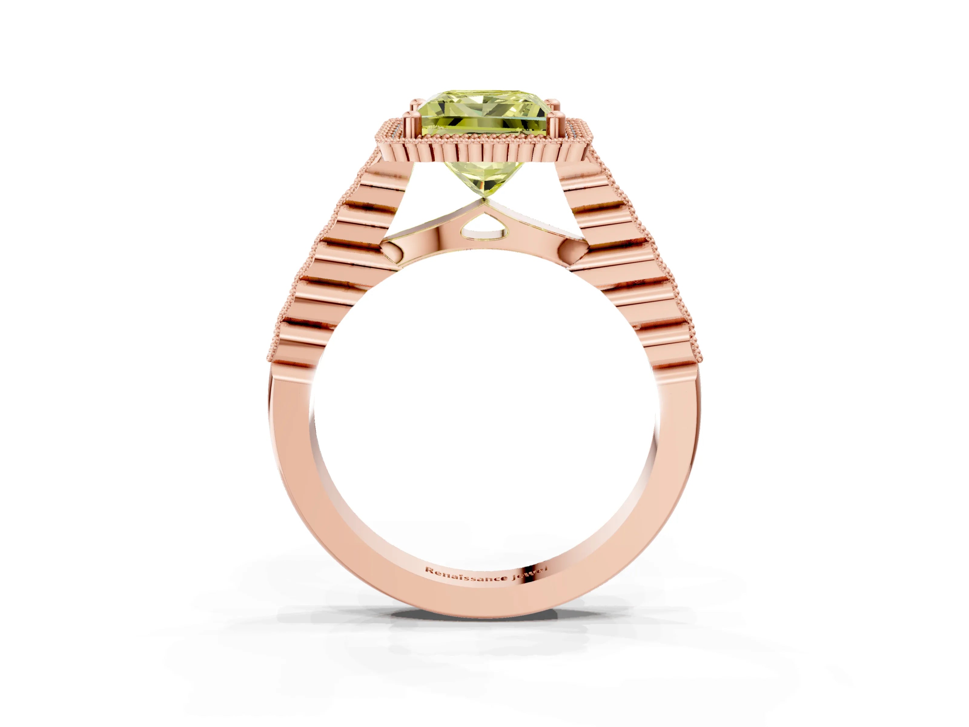 Rose gold Fancy Yellow Princess Cut Cut Halo Pavé Solitaire Ring with Milgrain Band_3
