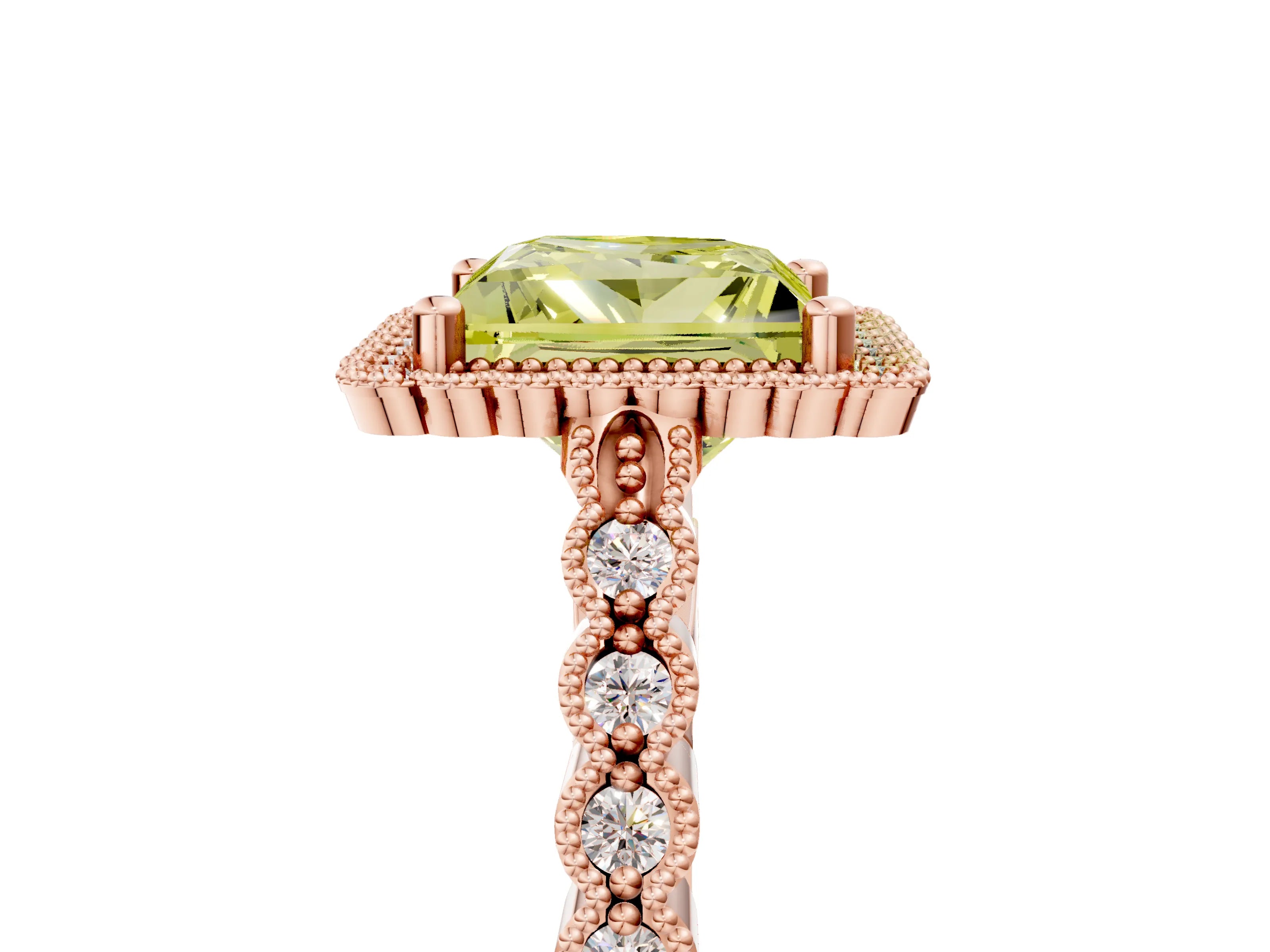 Rose gold Fancy Yellow Princess Cut Cut Halo Pavé Solitaire Ring with Milgrain Band_5