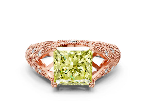Rose gold Fancy Yellow Princess Cut Cut Milgrain Pave Diamond Engagement Ring with Four-Prong Setting