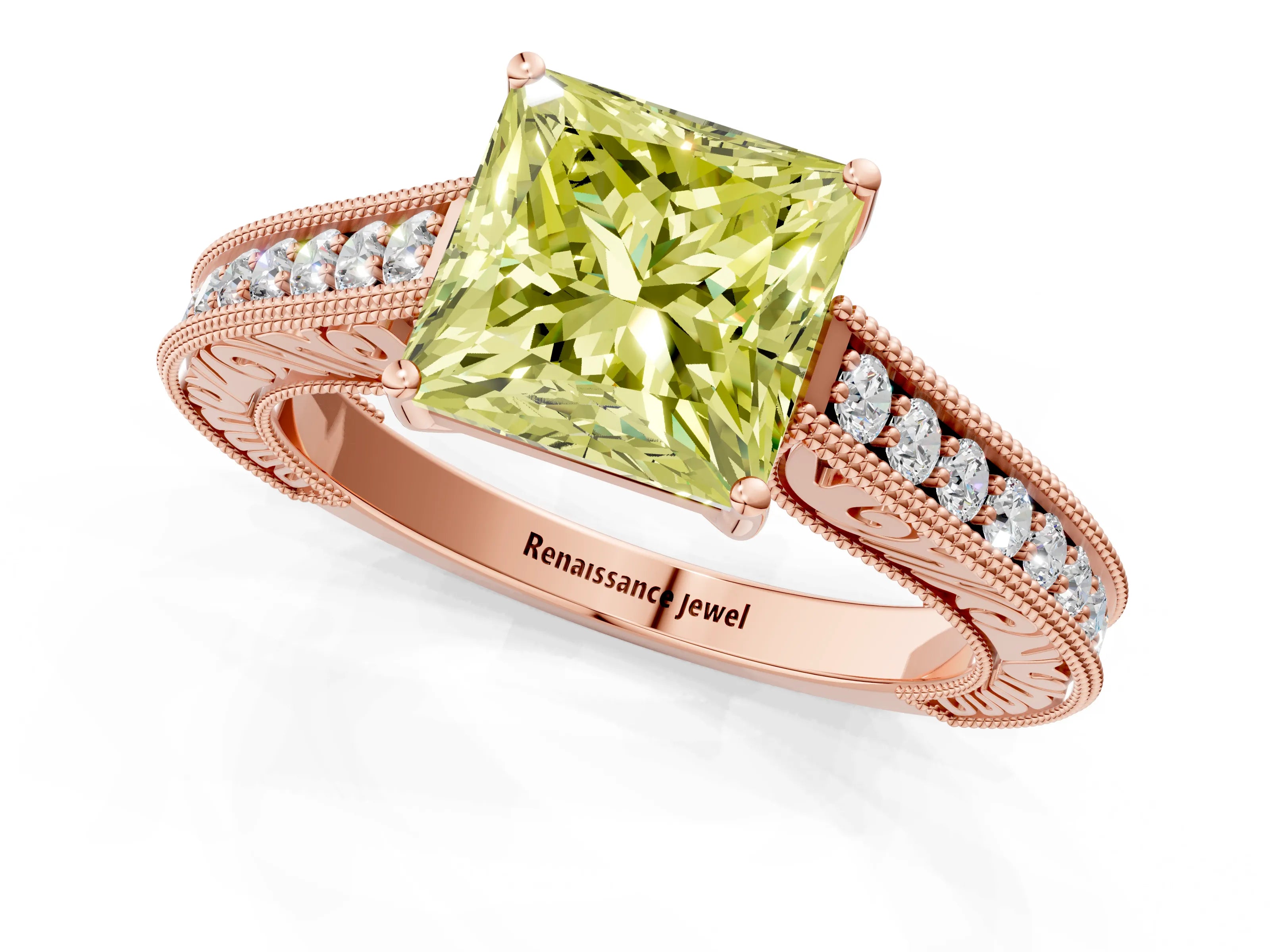 Rose gold Fancy Yellow Princess Cut Cut Pave Band Milgrain Solitaire Ring_1