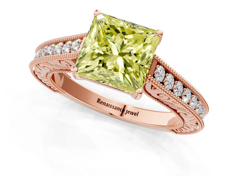 Rose gold Fancy Yellow Princess Cut Cut Pave Band Milgrain Solitaire Ring_1