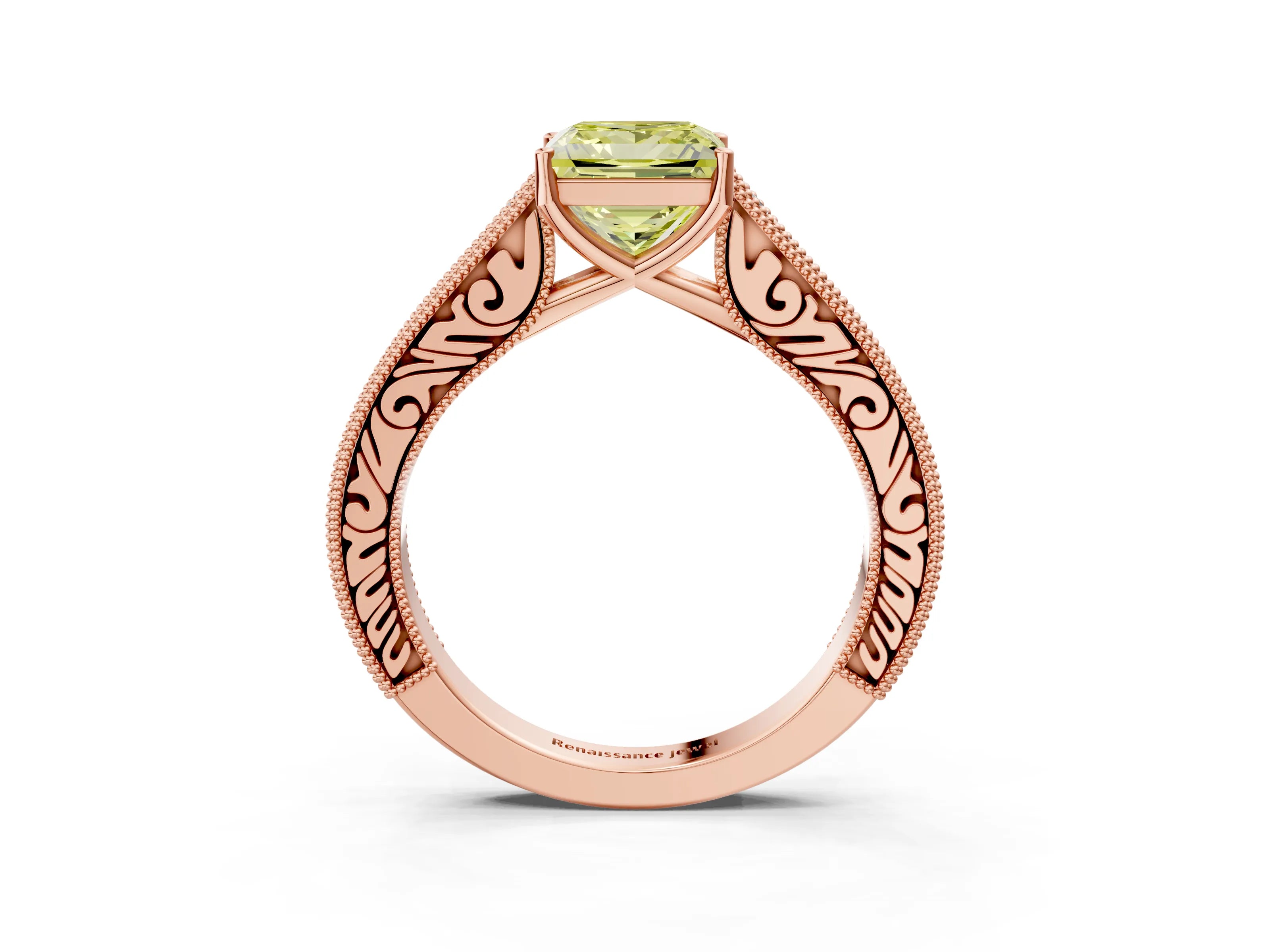 Rose gold Fancy Yellow Princess Cut Cut Pave Band Milgrain Solitaire Ring_3
