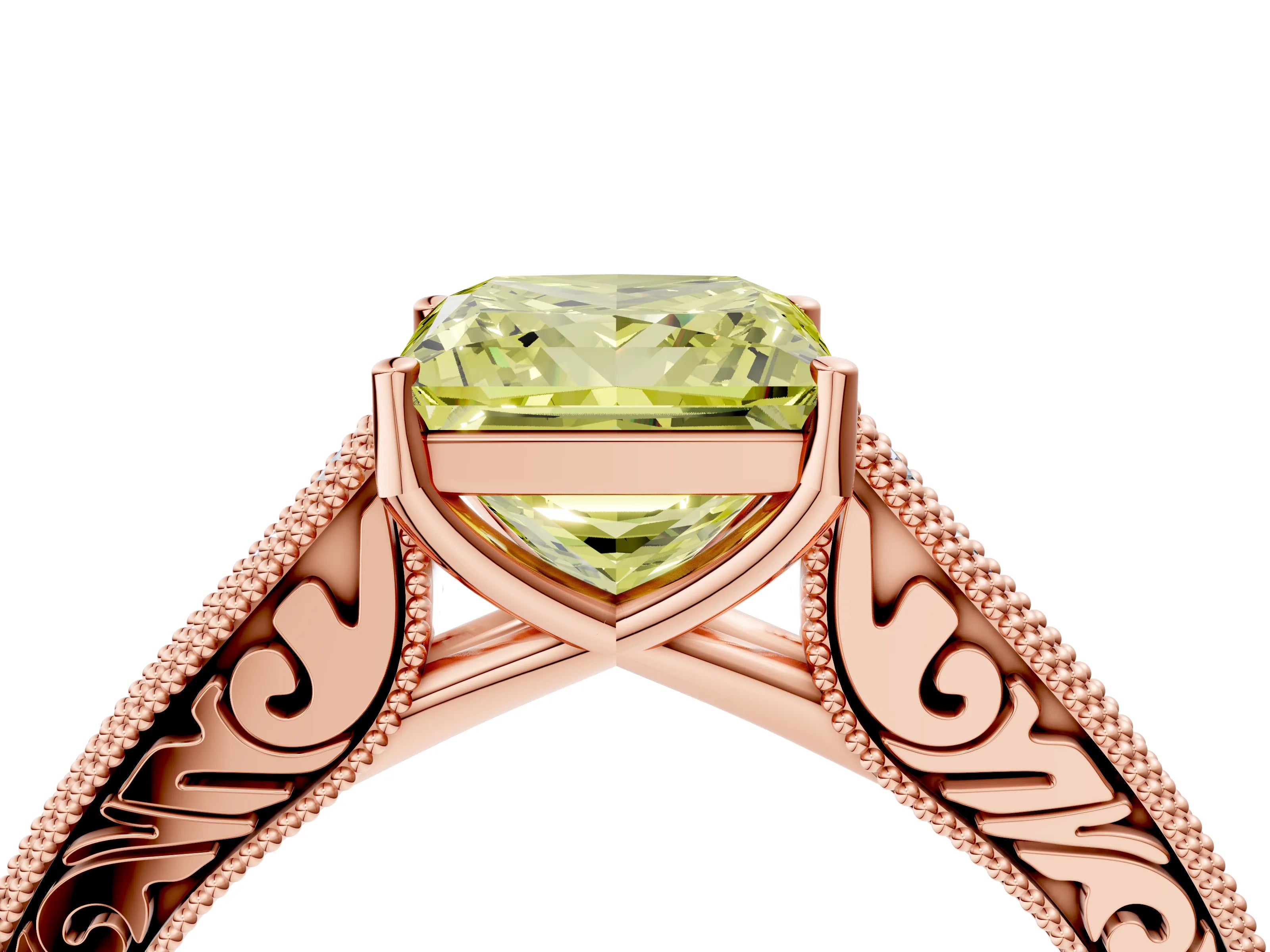 Rose gold Fancy Yellow Princess Cut Cut Pave Band Milgrain Solitaire Ring_4