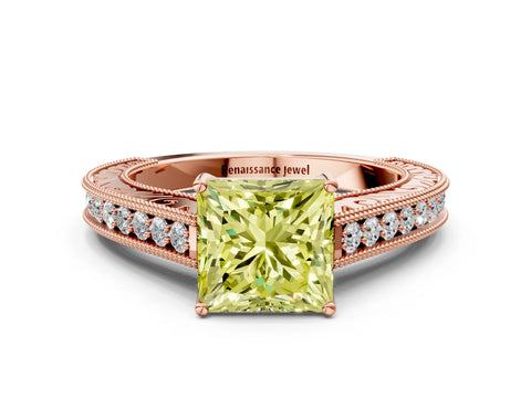 Rose gold Fancy Yellow Princess Cut Cut Pave Band Milgrain Solitaire Ring