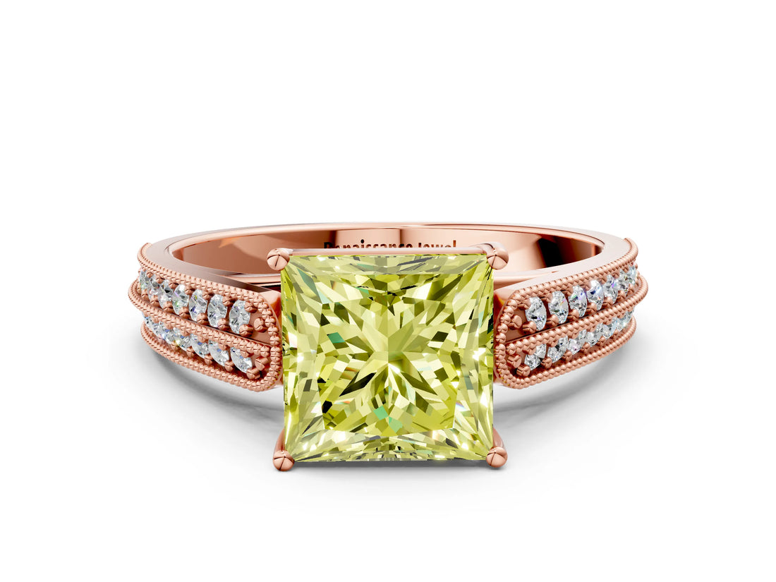 Rose gold Fancy Yellow Princess Cut Cut Pave Split Shank Engagement Ring with Four-Prong Setting